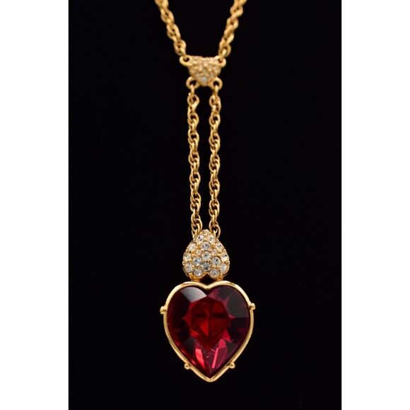 Swarovski Vintage Red Crystal Heart Necklace Rhinestone Gold Swan Signed BinBJ - Picture 1 of 12